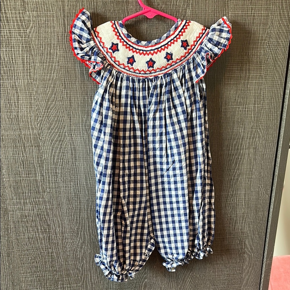 Red White and Blue Gingham Smocked stars Romper 18M